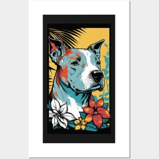 American Staffordshire Terrier PitBull Dog Vibrant Tropical Flower Tall Retro Vintage Digital Pop Art Portrait 3 Posters and Art